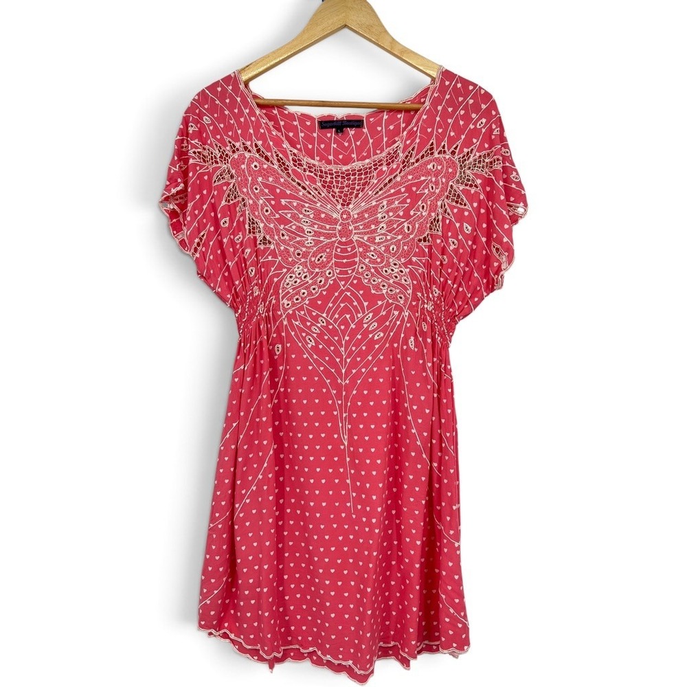 Sugarhill Boutique Pink Heart Print Butterfly Lace Crochet Tunic Dress Large